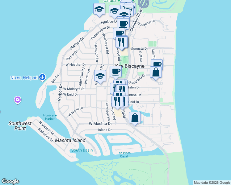 map of restaurants, bars, coffee shops, grocery stores, and more near 85 West Enid Drive in Key Biscayne