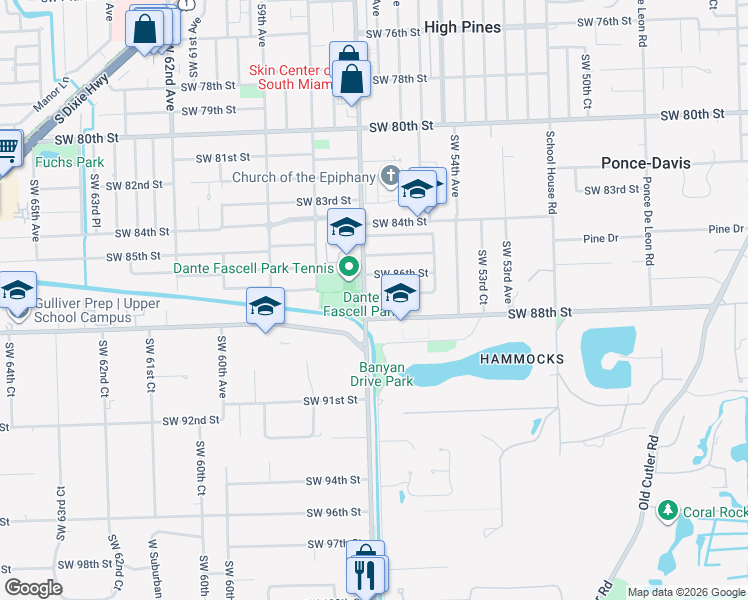 map of restaurants, bars, coffee shops, grocery stores, and more near 5678 Southwest 87th Street in Miami