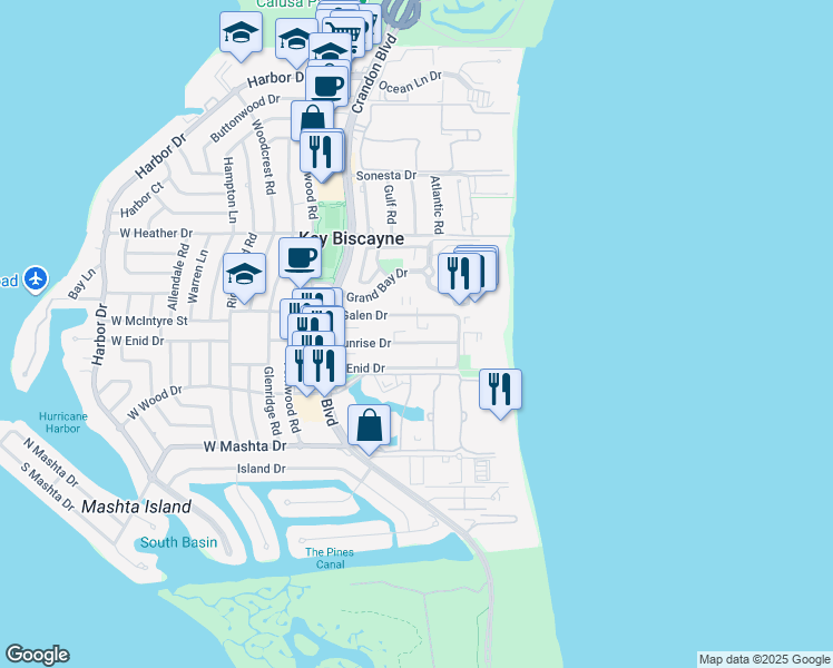 map of restaurants, bars, coffee shops, grocery stores, and more near 285 Sunrise Drive in Key Biscayne
