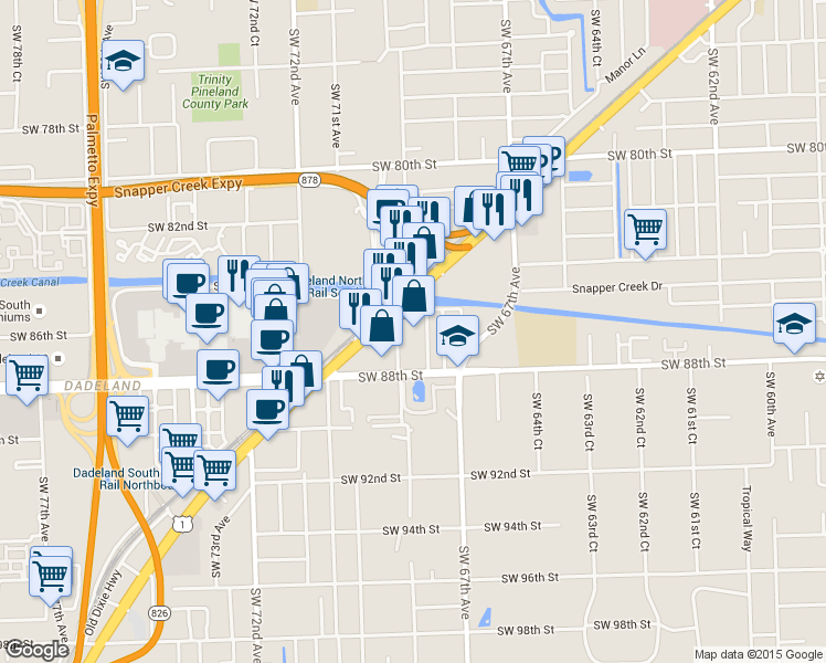 map of restaurants, bars, coffee shops, grocery stores, and more near 8545 South Dixie Highway in Miami