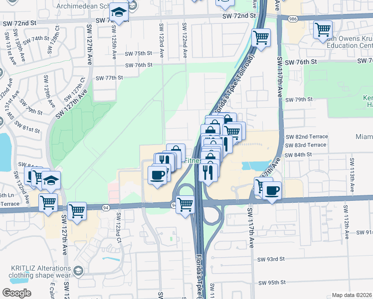 map of restaurants, bars, coffee shops, grocery stores, and more near 8321 Southwest 124th Avenue in Miami