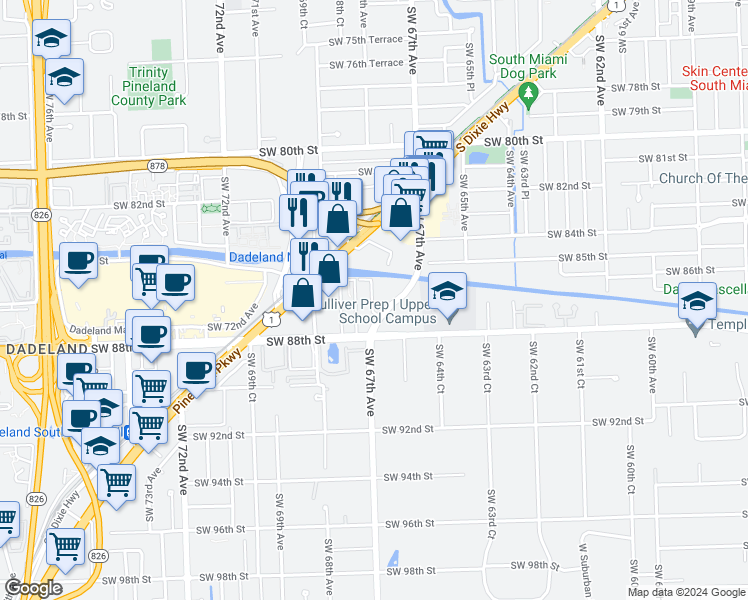 map of restaurants, bars, coffee shops, grocery stores, and more near 8600 Southwest 67th Avenue in Miami