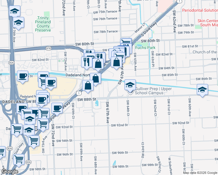 map of restaurants, bars, coffee shops, grocery stores, and more near 6707 North Kendall Drive in Miami