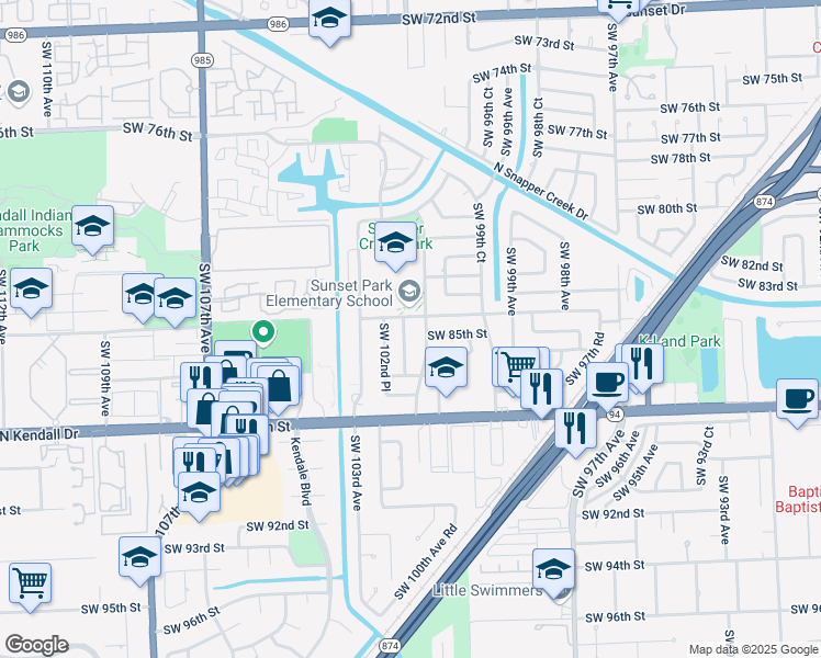 map of restaurants, bars, coffee shops, grocery stores, and more near 8421 Southwest 102nd Court in Miami
