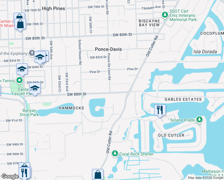 map of restaurants, bars, coffee shops, grocery stores, and more near 4895 Southwest 88th Street in Miami