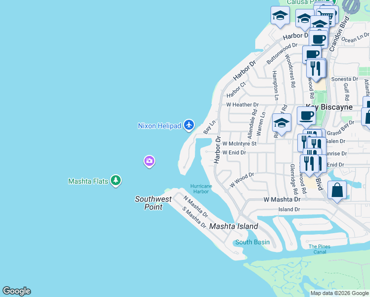 map of restaurants, bars, coffee shops, grocery stores, and more near 5 Harbor Point in Key Biscayne