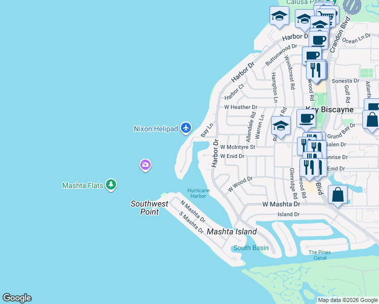 map of restaurants, bars, coffee shops, grocery stores, and more near 5 Harbor Point in Key Biscayne