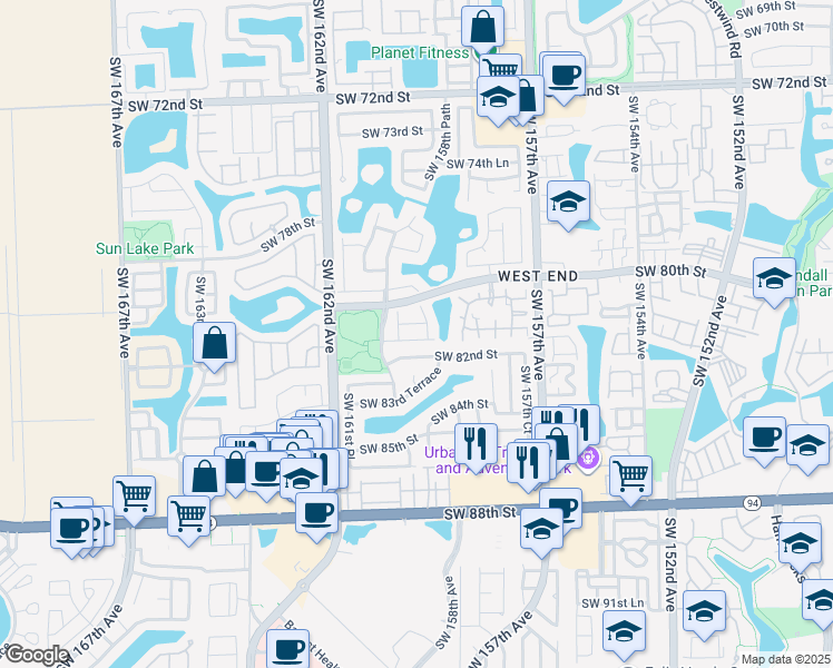 map of restaurants, bars, coffee shops, grocery stores, and more near 15935 Southwest 81st Terrace in Miami