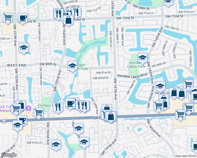 map of restaurants, bars, coffee shops, grocery stores, and more near 14855 Kendale Lakes Boulevard in Miami