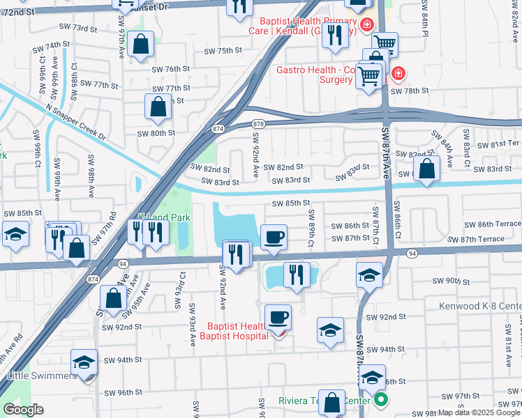 map of restaurants, bars, coffee shops, grocery stores, and more near 9180 Southwest 85th Street in Miami