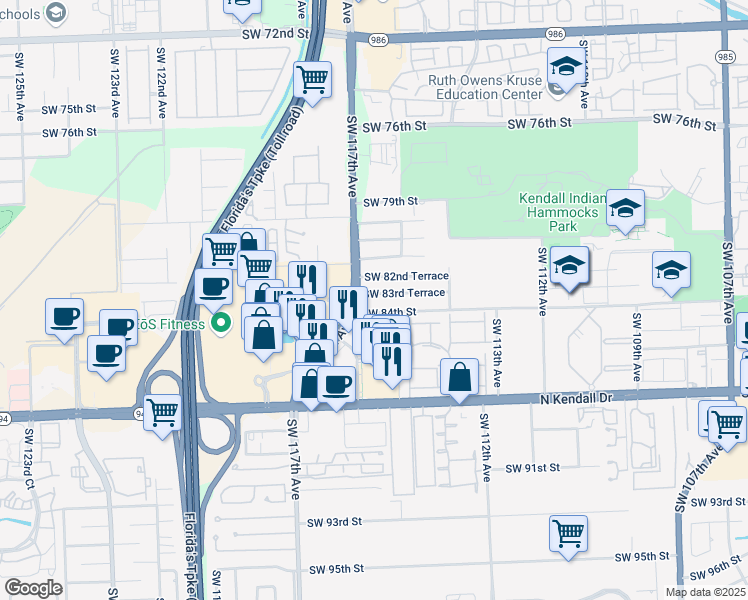 map of restaurants, bars, coffee shops, grocery stores, and more near 11530 Southwest 83rd Terrace in Miami