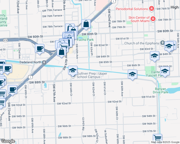 map of restaurants, bars, coffee shops, grocery stores, and more near 6381 Southwest 87th Terrace in Miami