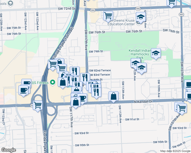 map of restaurants, bars, coffee shops, grocery stores, and more near 11530 Southwest 83rd Terrace in Miami