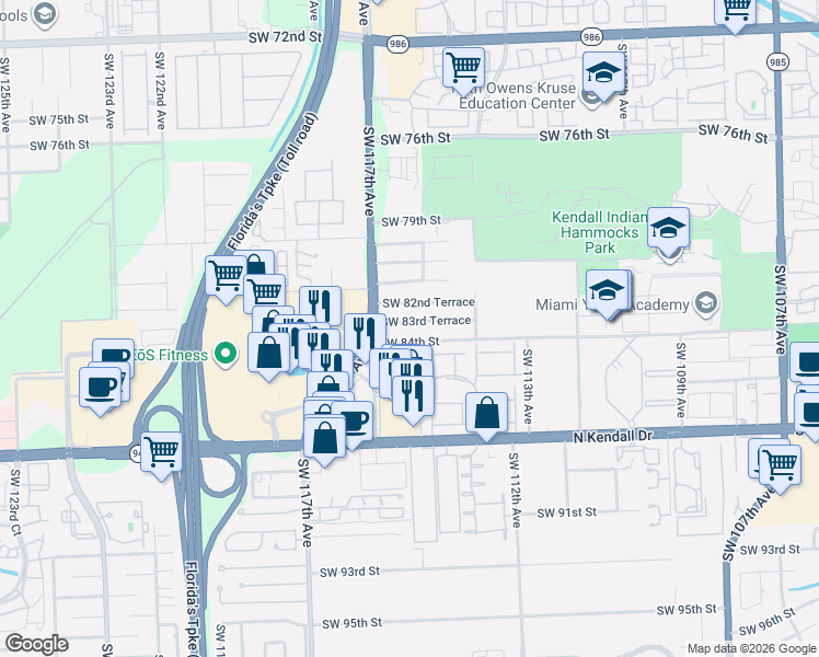 map of restaurants, bars, coffee shops, grocery stores, and more near 11530 Southwest 83rd Terrace in Miami