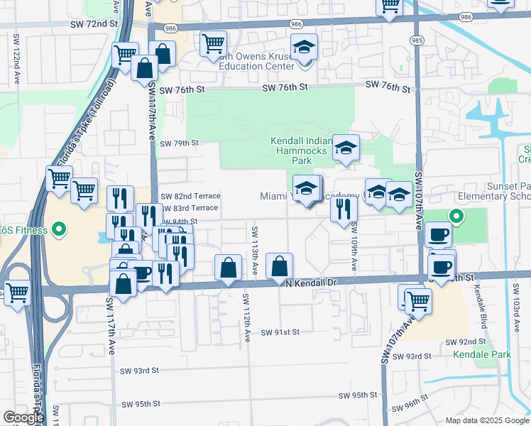 map of restaurants, bars, coffee shops, grocery stores, and more near 11215 Southwest 84th Street in Miami