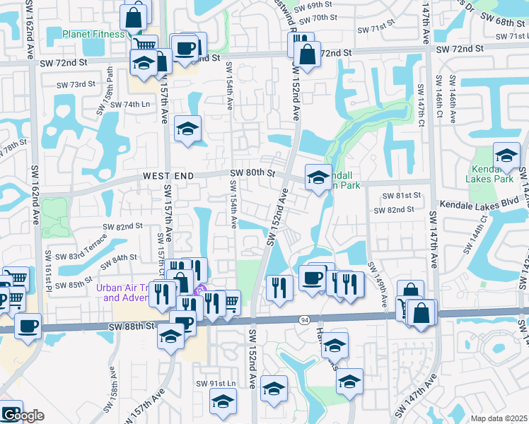map of restaurants, bars, coffee shops, grocery stores, and more near 8144 Southwest 152nd Court in Miami