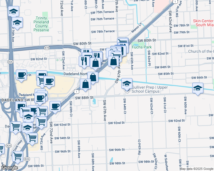 map of restaurants, bars, coffee shops, grocery stores, and more near 6707 North Kendall Drive in Miami