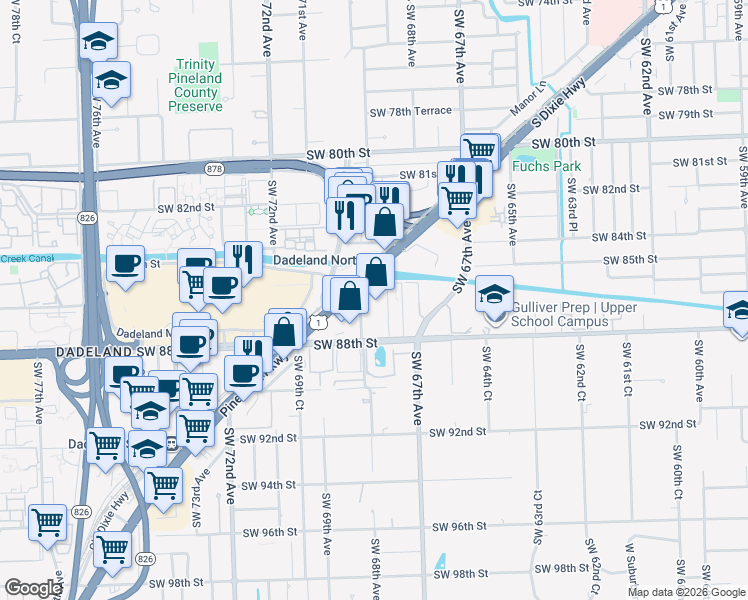 map of restaurants, bars, coffee shops, grocery stores, and more near 8545 South Dixie Highway in Miami