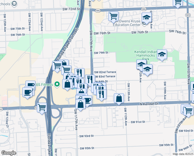 map of restaurants, bars, coffee shops, grocery stores, and more near 11530 Southwest 83rd Terrace in Miami