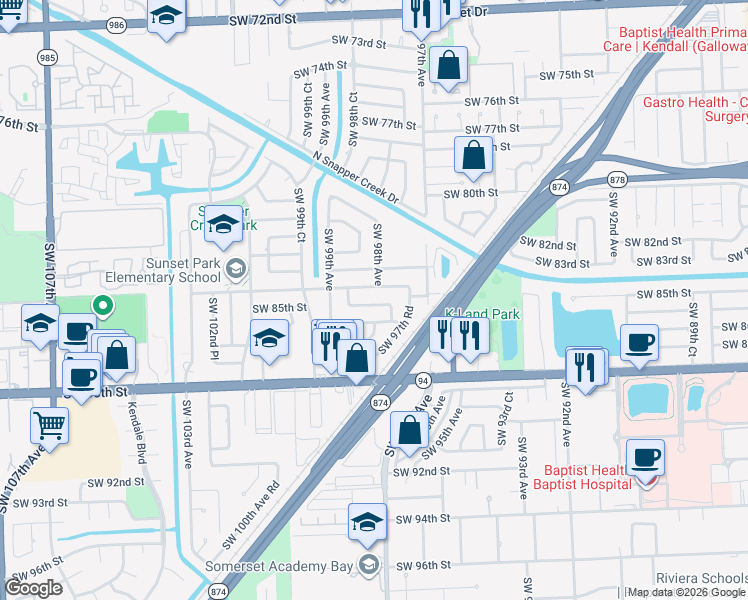 map of restaurants, bars, coffee shops, grocery stores, and more near 9801 Southwest 85th Street in Miami