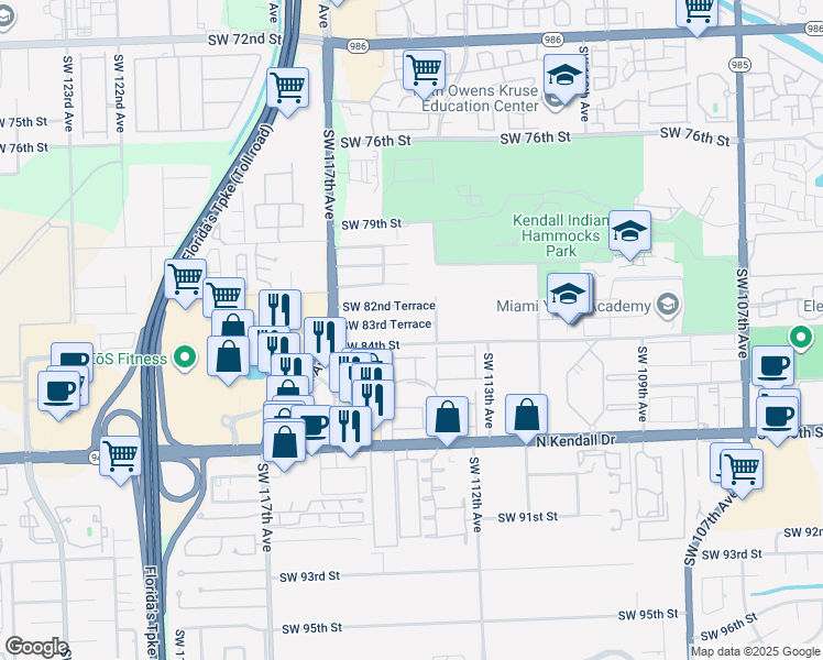 map of restaurants, bars, coffee shops, grocery stores, and more near 11430 Southwest 83rd Terrace in Miami