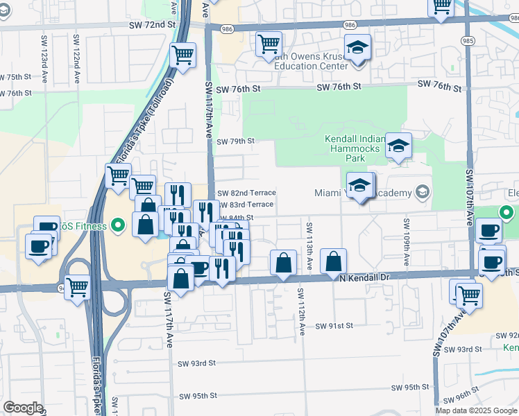 map of restaurants, bars, coffee shops, grocery stores, and more near 11440 Southwest 83rd Terrace in Miami