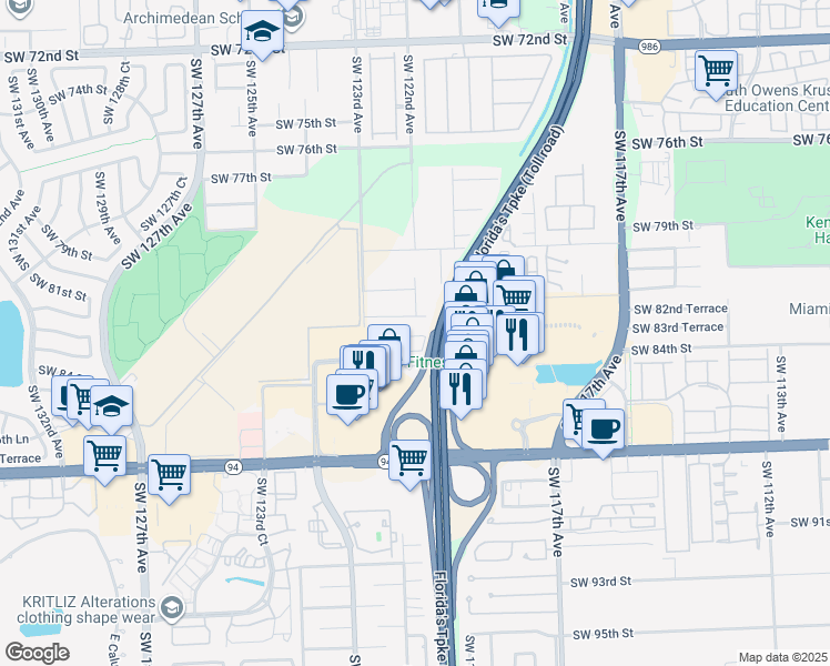 map of restaurants, bars, coffee shops, grocery stores, and more near 8321 Southwest 124th Avenue in Miami