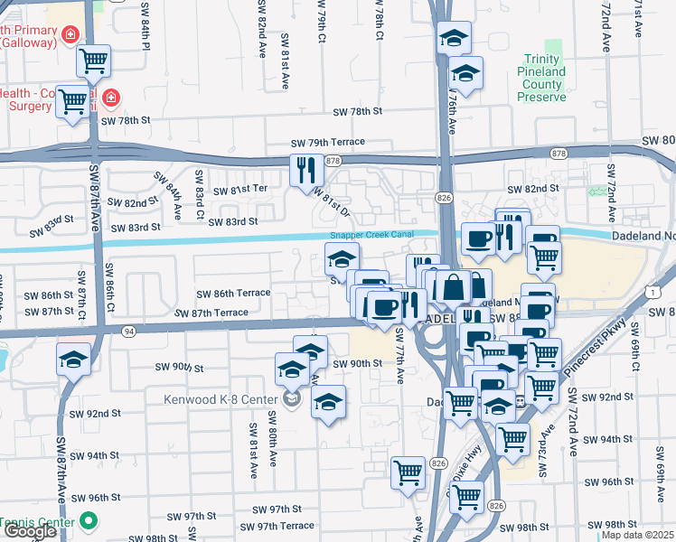 map of restaurants, bars, coffee shops, grocery stores, and more near 7905 Southwest 86th Street in Miami