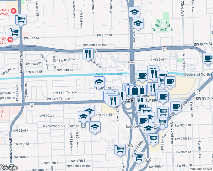 map of restaurants, bars, coffee shops, grocery stores, and more near 7777 Southwest 86th Street in Miami