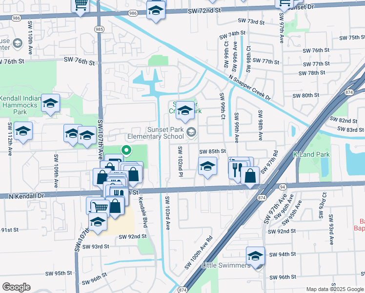 map of restaurants, bars, coffee shops, grocery stores, and more near 8424 Southwest 102nd Place in Miami
