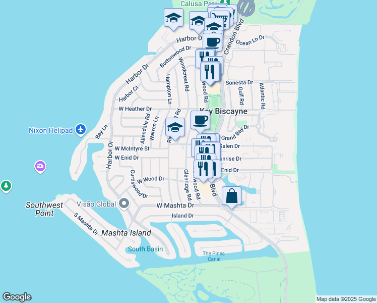map of restaurants, bars, coffee shops, grocery stores, and more near 595 Glenridge Road in Key Biscayne