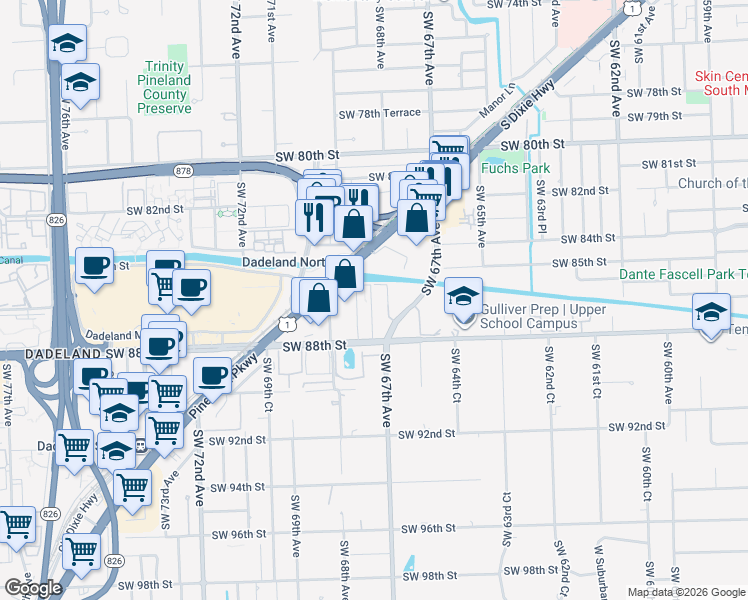 map of restaurants, bars, coffee shops, grocery stores, and more near 6757 North Kendall Drive in Miami