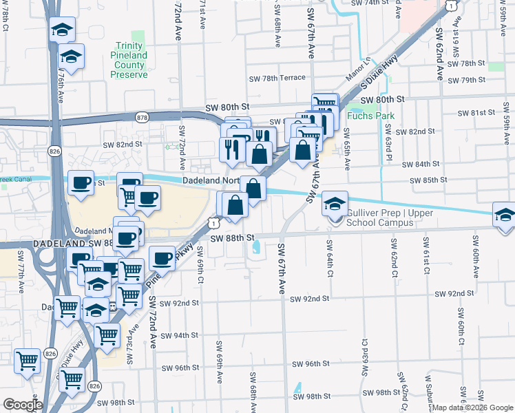 map of restaurants, bars, coffee shops, grocery stores, and more near 6757 North Kendall Drive in Miami