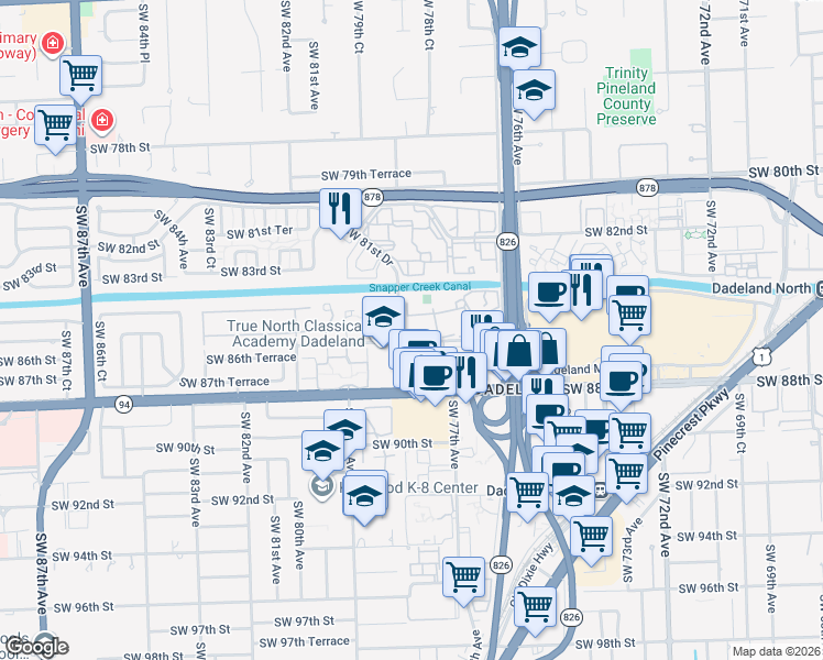 map of restaurants, bars, coffee shops, grocery stores, and more near 7777 Southwest 86th Street in Miami