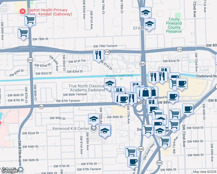 map of restaurants, bars, coffee shops, grocery stores, and more near 7905 Southwest 86th Street in Miami