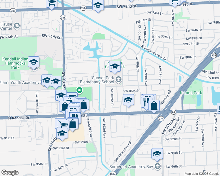 map of restaurants, bars, coffee shops, grocery stores, and more near 8424 Southwest 102nd Place in Miami