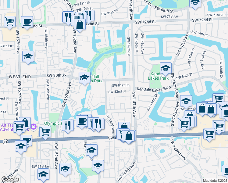 map of restaurants, bars, coffee shops, grocery stores, and more near 14855 Kendale Lakes Boulevard in Miami