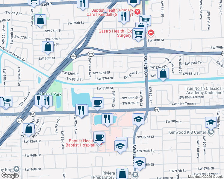 map of restaurants, bars, coffee shops, grocery stores, and more near 8950 Southwest 85th Street in Miami