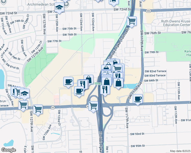 map of restaurants, bars, coffee shops, grocery stores, and more near 8321 Southwest 124th Avenue in Miami