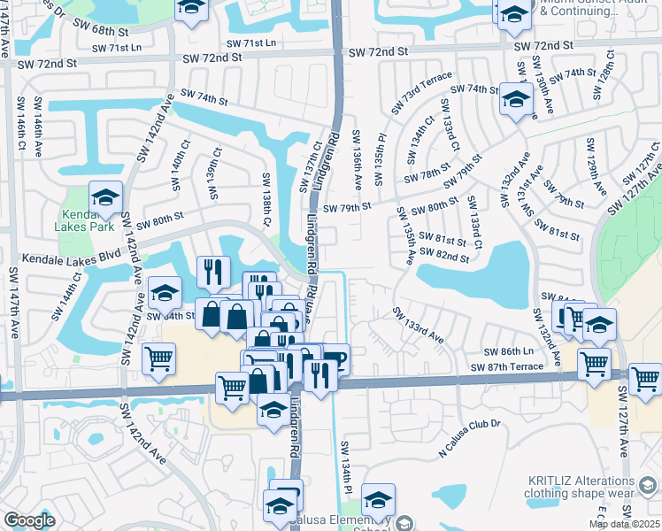 map of restaurants, bars, coffee shops, grocery stores, and more near 8125 Southwest 136th Place in Miami