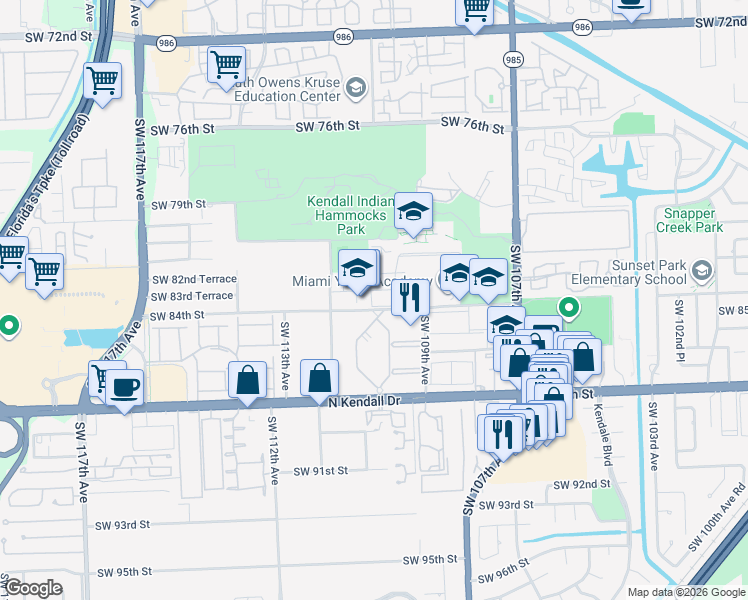 map of restaurants, bars, coffee shops, grocery stores, and more near 11025 Southwest 84th Street in Miami