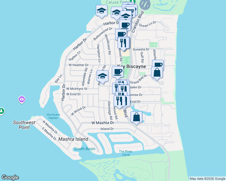 map of restaurants, bars, coffee shops, grocery stores, and more near 595 Glenridge Road in Key Biscayne