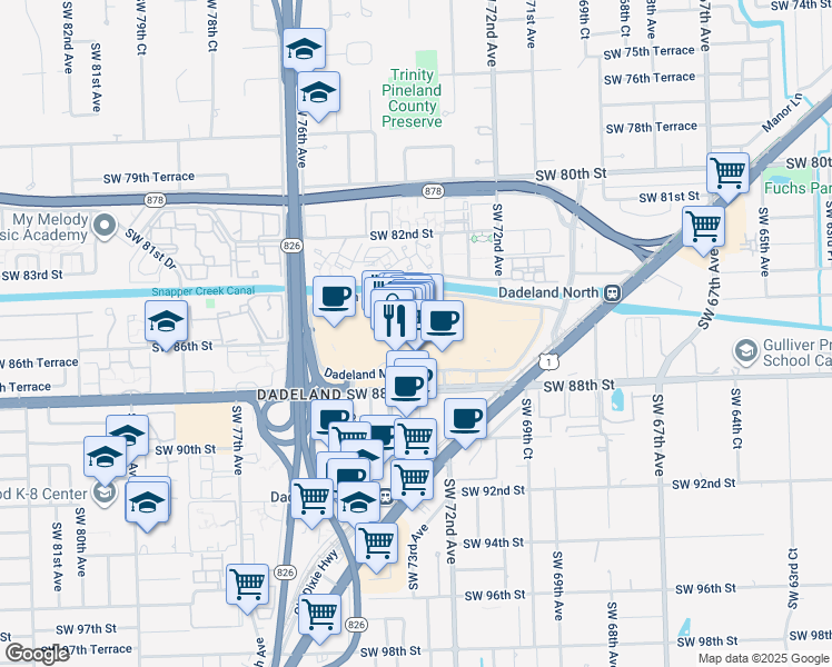map of restaurants, bars, coffee shops, grocery stores, and more near 7535 North Kendall Drive in Miami