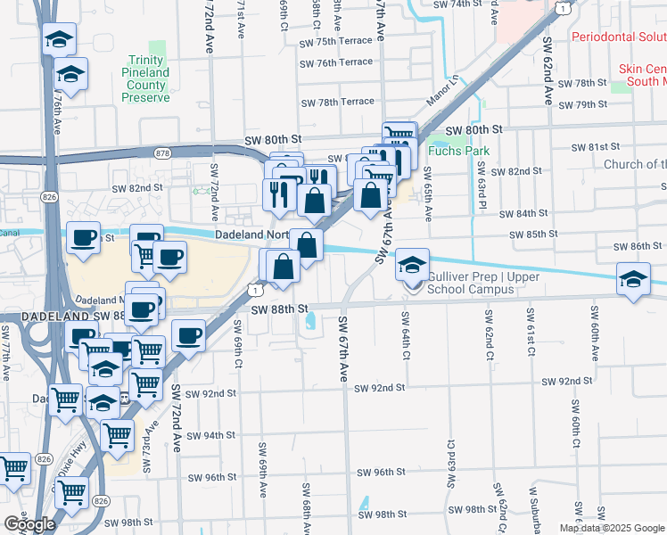 map of restaurants, bars, coffee shops, grocery stores, and more near 6757 North Kendall Drive in Miami