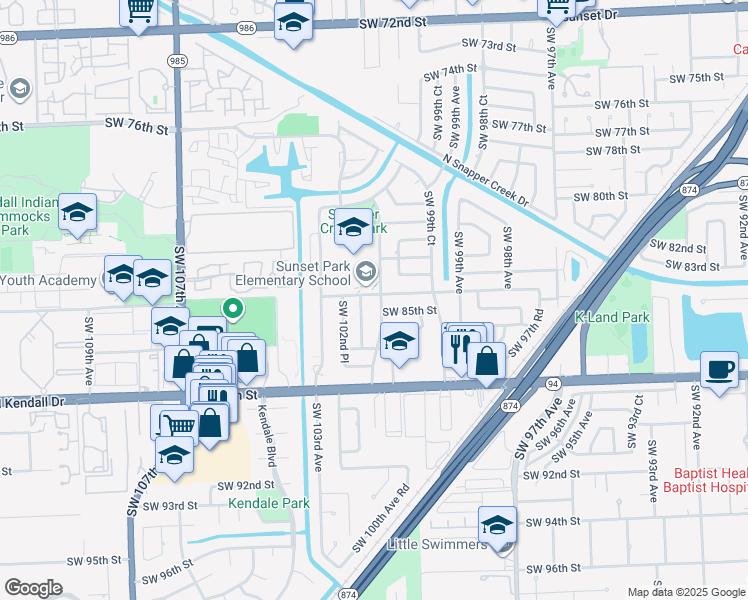 map of restaurants, bars, coffee shops, grocery stores, and more near 8421 Southwest 102nd Court in Miami