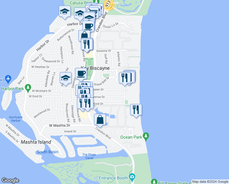 map of restaurants, bars, coffee shops, grocery stores, and more near 285 Sunrise Drive in Key Biscayne