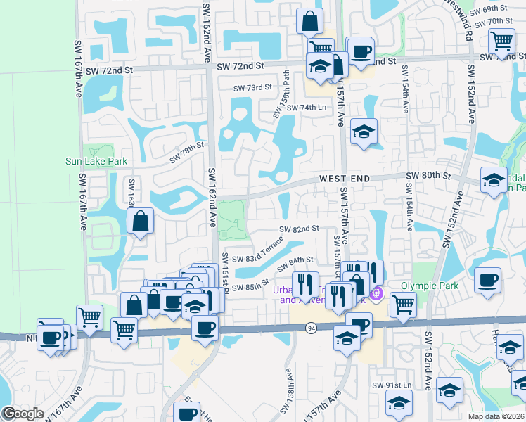 map of restaurants, bars, coffee shops, grocery stores, and more near 15935 Southwest 81st Terrace in Miami