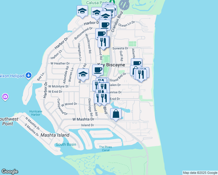 map of restaurants, bars, coffee shops, grocery stores, and more near 115 Sunrise Drive in Key Biscayne