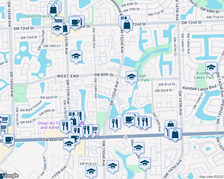 map of restaurants, bars, coffee shops, grocery stores, and more near 8144 Southwest 152nd Court in Miami