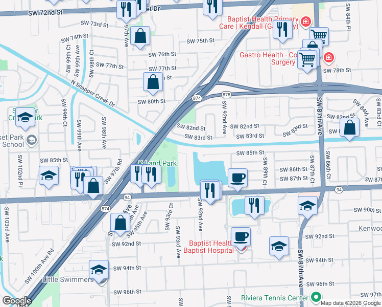 map of restaurants, bars, coffee shops, grocery stores, and more near 8501 Southwest 93rd Court in Miami